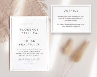 Modern Simple Wedding Invitation Template details card Elegant Minimal Invitation Printable Wedding Invitation with enclosure card  Momo