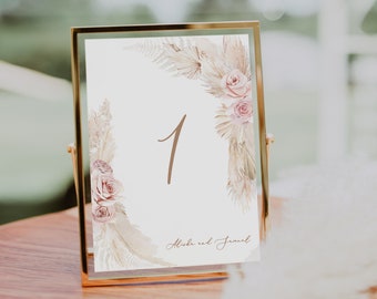 BOHO blush Table number Blush floral Rose table number palm leaf Printable Table card pink Floral table number card pink flower table number