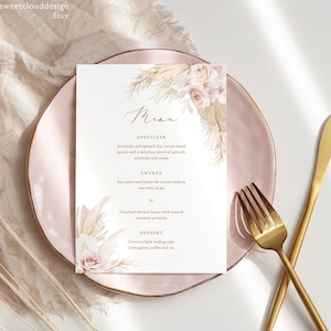 Modèle de Menu de mariage BOHO rose poudré floral Menu de mariage floral rose bohème Menu imprimable herbe des pampas Menu modifiable pour le dîner instantané Pamblush