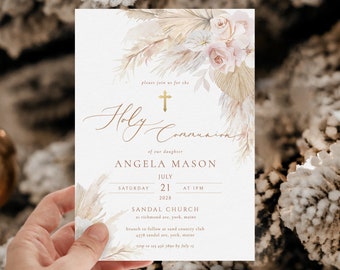 Boho Holy Communion invitation Gold cross Holy Communion  invitation template Holy Communion Invitation Girl Blush Boho floral Printable