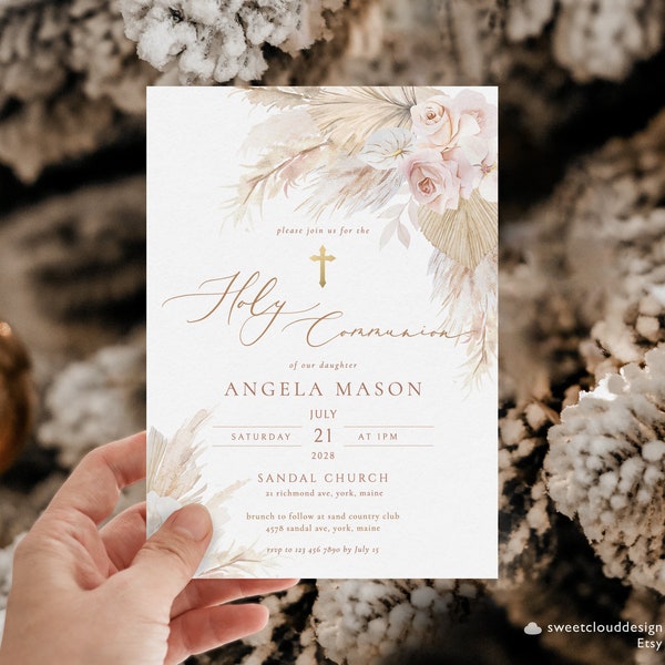 Boho Holy Communion invitation Gold cross Holy Communion  invitation template Holy Communion Invitation Girl Blush Boho floral Printable