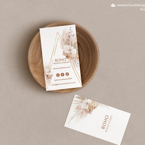 Sjabloon voor BOHO visitekaartjes Pampas gras visitekaartje Orchidee bewerkbare kaart gouden boog visitekaartje gouden boho kaart Pamela 3.5x2