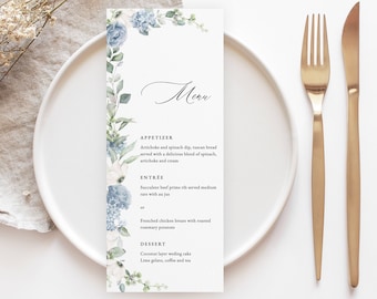 Dusty Blue Wedding Menu Template Steel blue wedding Menu Printable Greenery floral menu Editable winter Menu Instant Download Dinner Grace