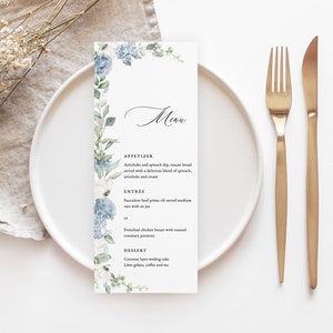 Szablon menu weselnego Dusty Blue Stalowo-niebieskie menu weselne do wydrukowania Zielone menu kwiatowe Edytowalne menu zimowe Natychmiastowe pobranie Kolacja Grace