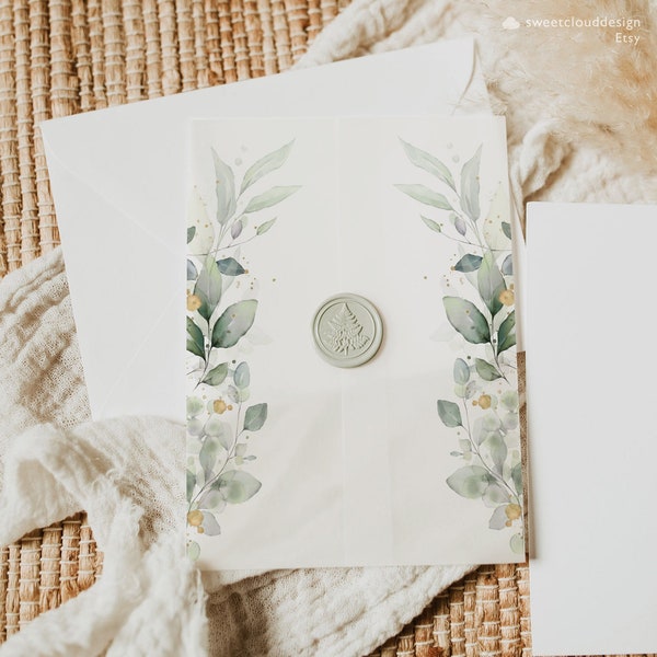 Green leaves Vellum Wrap Greenery Vellum Wrap template greenery gold Vellum Jacket green leaf gold baptism Vellum invite Foldable Template