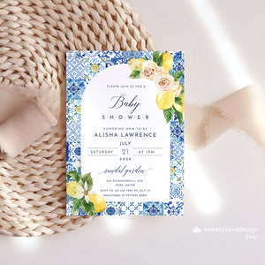 Blaue Kachel Bogen Rahmen Baby Shower Einladung Vorlage Mittelmeer Zitrone Baby Shower Einladung peach rose Baby Shower Karte Mama zu sein Mearla
