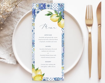 Lemon blue tile Wedding Menu Template blue tile arch frame floral Menu Printable Citrus Mediterranean Editable Menu Boho Dinner Menu Mearl