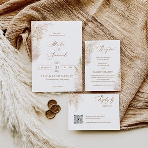 pampas grass Wedding Invitation and rsvp template Boho grass wedding Invitation set Bohemian wedding invite card printable rsvp editable