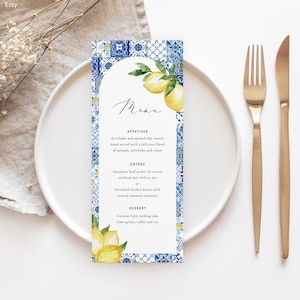 Piastrella blu limone Modello menu matrimonio Piastrella blu cornice ad arco floreale Menu stampabile Agrumi Menu modificabile mediterraneo Menu cena Boho Mearl
