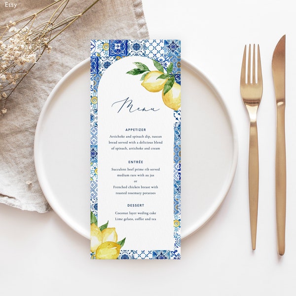 Lemon blue tile Wedding Menu Template blue tile arch frame floral Menu Printable Citrus Mediterranean Editable Menu Boho Dinner Menu Mearl