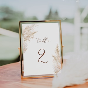 Cartão de mesa para impressão de grama de pampas, boho, casamento, pampas, boho, cartão de mesa para impressão, grama bege, modelo de número de mesa, cartão de número de mesa
