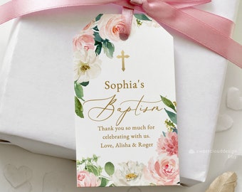 Baptism favor tag, blush rose gold cross baptism thank you Bag Tags, pink floral greenery Printable thank you Tags ,pink flower thank you