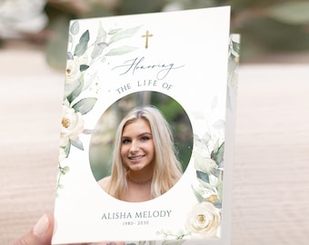 Greenery White flower Funeral Program Booklet white rose Ceremony Foldable funeral Program green leaves  Order Of Ceremony Program funeral