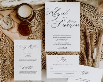 5pcs Elegant Modern Wedding Invitation Set Template Simple classic Invitation suite Calligraphy Invitation monotone black and white Abigail