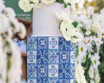 Cake icing blue tile template Italy Blue tile cake icing image bay shower Baptism blue tile cake Mediterranean blue wedding cake Mearl
