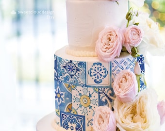 Cake icing template Italy Blue tile cake icing image Lemon cake image Baptism blue tile cake Mediterranean blue wedding cake Editable Mearl