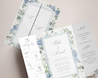 Gatefold blue Wedding Invitation Dusty flower Gatefold Invitation vintage flower gate fold template Printable Invitation Editable wedding