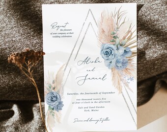 Dusty Blue Wedding Invitation template Silver and Steel Blue Invitation set eucalyptus Pampas invitation  Bohemian blue floral wedding arch