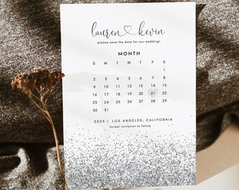 Silver Glitter calendar Save The Date Template, Editable Save The Date,Bling Save the date Calendar,Calendar Our Date Printable