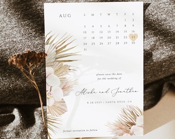 BOHO Pampas Grass Calendar Save The Date Template Palm leaf and Orchid Save the date Editable Calendar wedding date invitation PAMELA