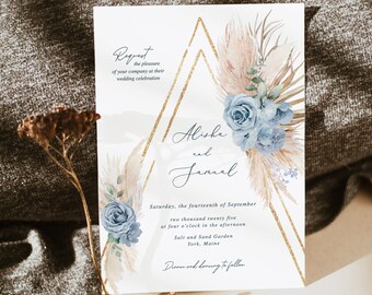 Dusty Blue Wedding Invitation set Steel Blue boho Invitation set pampas invitation Palm Leaf Invitation Bohemian blue floral wedding arch