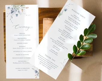 Dusty blue Floral Wedding Program Template Printable steel blue flower  Editable Wedding Ceremony garden Wedding program pastel blue Berrie