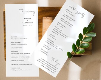 Eenvoudige bruiloftsprogramma sjabloon Moderne huwelijksceremonie kaart Bewerkbare bruiloftsprogramma bruiloft volgorde van dienst Minimalistische ceremonie Collette