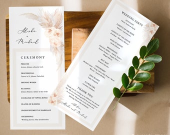 BOHO Floral Wedding Program Template Peach Pampas boho Printable Wedding Ceremony printable program Editable Ceremony program Rose Pearl