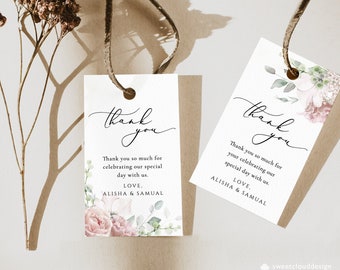 Blommiga etiketter för presentpåsar, Dammigt rosa utskrivbara tacketiketter, Mall för blush-tacketiketter för bröllop, Redigerbar tacketikett för gäster, Gracey
