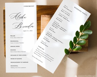Plantilla de programa de boda elegante Tarjeta de ceremonia de boda moderna Programa de boda editable Línea de tiempo de servicio de orden de boda simple Abigail