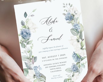 Dusty blue floral Wedding Invitation Template Soft blue editable wedding invitation Printable Wedding Invitation Download template Grace