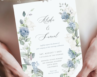 May include: Wedding invitation with a watercolor floral design in shades of blue and white. The invitation features the names "Alisha & Sammal" and details for the wedding ceremony and reception. The text reads "Joyfully request the pleasure of your company at their marriage celebration. Sat, August 7, 2025, 5 o'clock in the evening, Annadel Estate Winery, 205 Sonoma Highway, Santa Rosa, California. Dinner and dancing to follow."