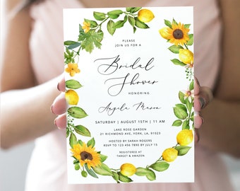Sunflower Wreath Bridal Shower Invitation Template Boho Lemon Wreath Summer Bridal Shower Invite Sunflower Editable Bridal shower Sunny