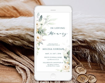 Greenery funeral digital Invitation Green leaves funeral  phone invite Template soft green white rose digital funeral  invite text invite