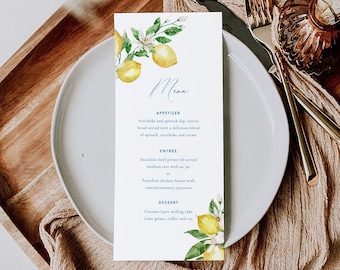 Lemon Wedding Menu Template Lemon table Menu Printable Citrus Mediterranean Editable Menu CITRUS LEMON MENU Boho Dinner Menu lunna