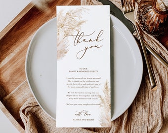 パンパスグラスのサンキューウェディングカード エレガントなパンパスのサンキューカード 編集可能なテーブルサンキューカードテンプレート ボヘミアンシンプルなサンキューカードフラット