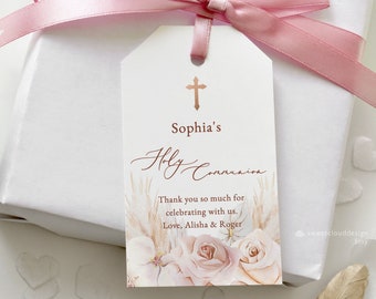 Holy Communion favor tag, rose gold cross First Communion thank you Bag Tags,Dusty pink Printable thank you Tags ,pink flower thank you Tag