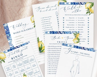 Blue tile Lemon Bridal shower games Would She Rather Bridal Shower Game Template Bride & Groom Trivia Find the Guest Bingo Wedding Scramble