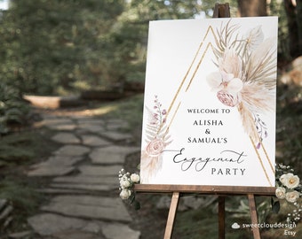 ENGAGEMENT PARTY welcome sign Boho Gold we are Engaged Welcome Sign Template Vertical Pampas Bridal shower Sign Printable Gold Arch Pamela