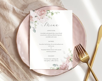 Dusty Pink Floral Wedding Menu Template Greenery Menu Printable Dusk Pink Rose Menu Editable Menu Dinner Menu Editable Blush floral Gracey