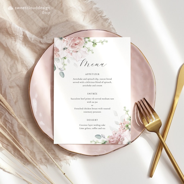 Dusty Pink Floral Wedding Menu Template Greenery Menu Printable Dusk Pink Rose Menu Editable Menu Dinner Menu Editable Blush floral Gracey