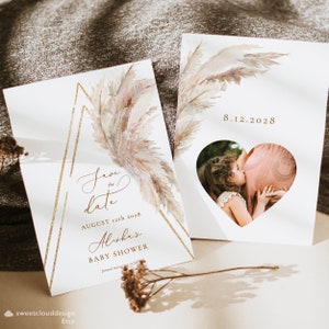 Babyparty Save The Date boho Pampasgras Babypartyeinladung Boho Speichern Sie die Datumsvorlage bearbeitbare Goldbogen-Babypartykarte