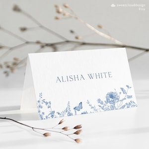 Plantilla de tarjetas de lugar florales azul polvoriento tarjeta de nombre azul acero Tarjeta de lugar editable Tarjeta de lugar floral vintage azul Tarjeta de nombre de boda editable
