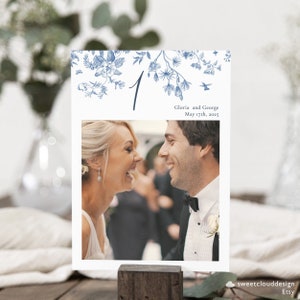 DUSTY BLUE Floral table number blue flower Photo Wedding Table Numbers elegant Photo Table Number template steel blue flower table number