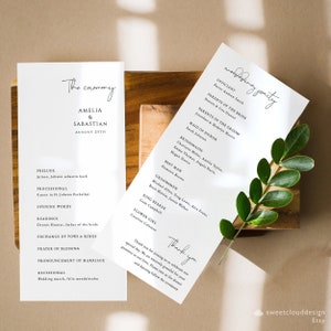 Plantilla de programa de boda simple Tarjeta de ceremonia de boda moderna Programa de boda editable orden de servicio de boda Ceremonia minimalista Collette