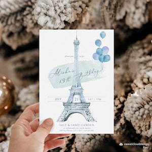 Blaue Paris Geburtstagskarte Junge Eiffelturm Geburtstagsfeier Einladung Staubblauer Ballon Paris Turm Geburtstagsfeier Einladung blau Geburtstag