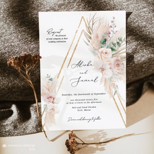 Conjunto de invitaciones de boda con diseño de rosas boho, invitación de boda con diseño de eucalipto y playa, invitación de pampas, invitación con diseño de hojas de palma, arco de boda floral con rubor boho