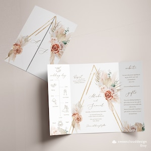 Gatefold orange poussiéreux faire-part de mariage Boho or modèle herbe de la pampa modèle d'invitation imprimable Invitation de mariage Boho