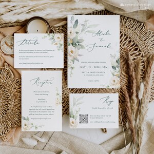 weiße Rose Greenery Hochzeitseinladungsvorlage Weiße floral bearbeitbare Hochzeitseinladung Dusty Green Rose druckbare Hochzeitseinladung