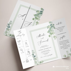 Faire-part de mariage Eucalyptus Gatefold Faire-part de verdure Feuilles vertes Modèle de pli de porte Faire-part de mariage de jardin bohème imprimable